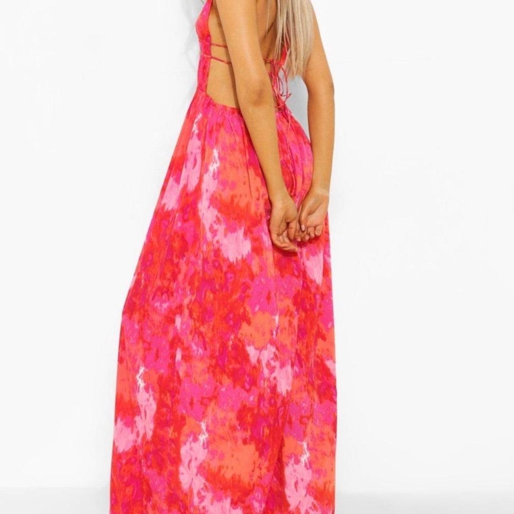 Boohoo Pink & Orange Printed Halter Maxi Dress - Picture 2 of 2